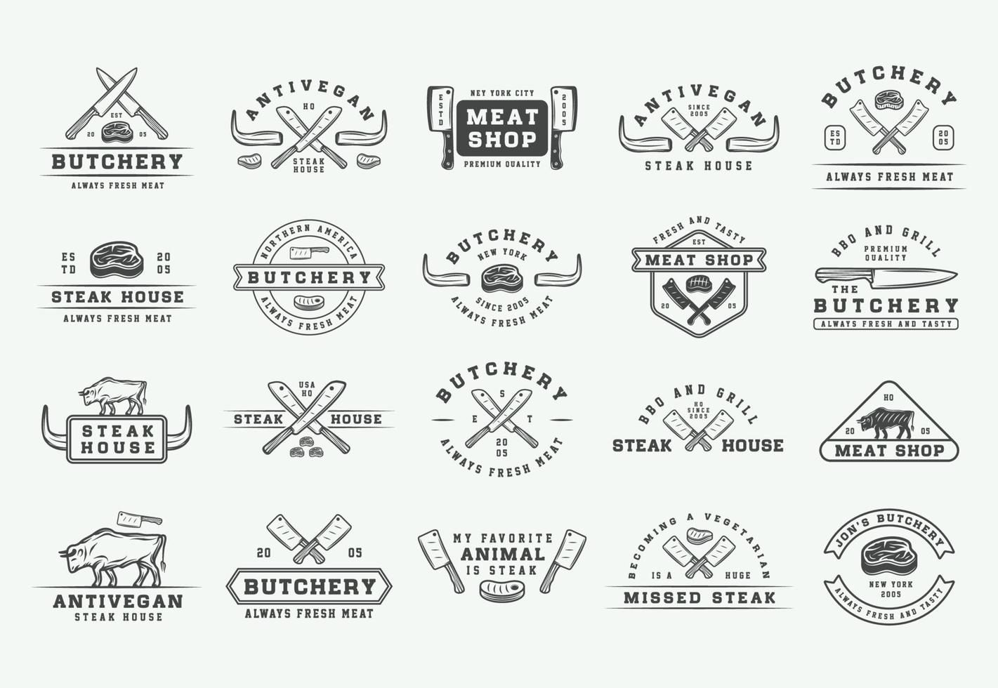 reeks van wijnoogst slagerij vlees, steak of bbq logo's, emblemen, insignes, etiketten. grafisch kunst. illustratie. vector. vector