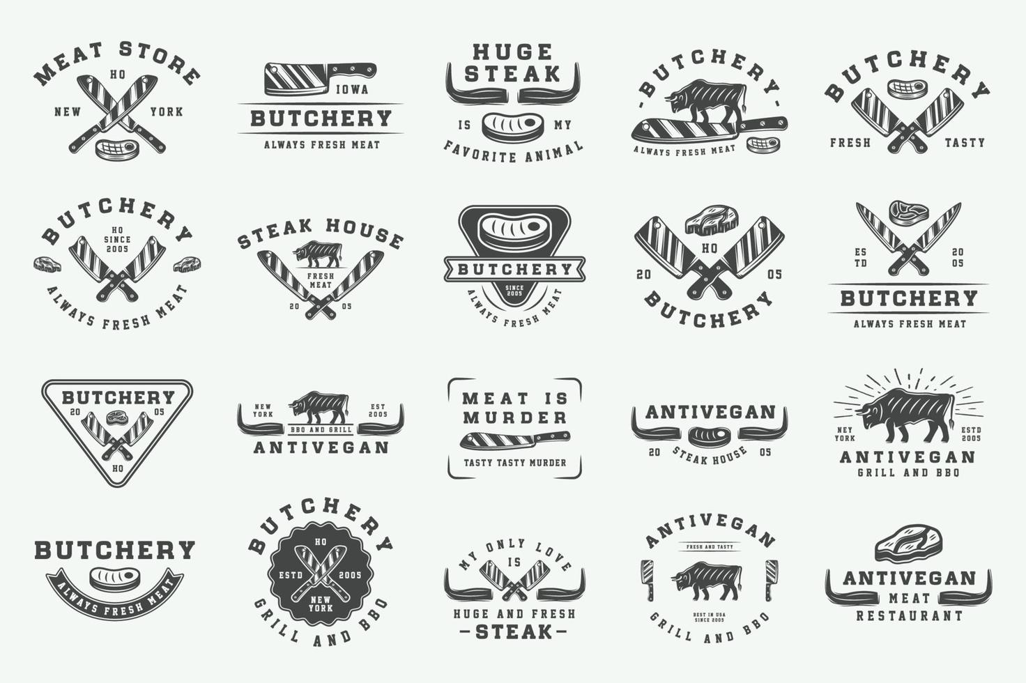 reeks van wijnoogst slagerij vlees, steak of bbq logo's, emblemen, insignes, etiketten. grafisch kunst. illustratie. vector. vector