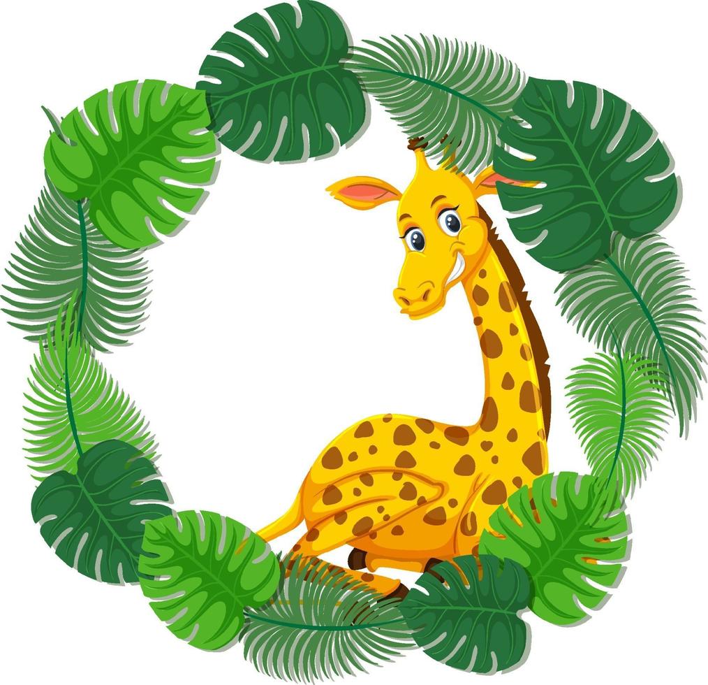 ronde groene bladeren sjabloon voor spandoek met een giraffe stripfiguur vector