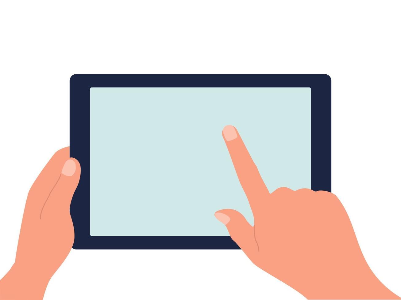 de tablet zit in de ene hand en de andere wijst naar het scherm. leeg scherm. platte vectorillustratie geïsoleerd op een witte achtergrond vector