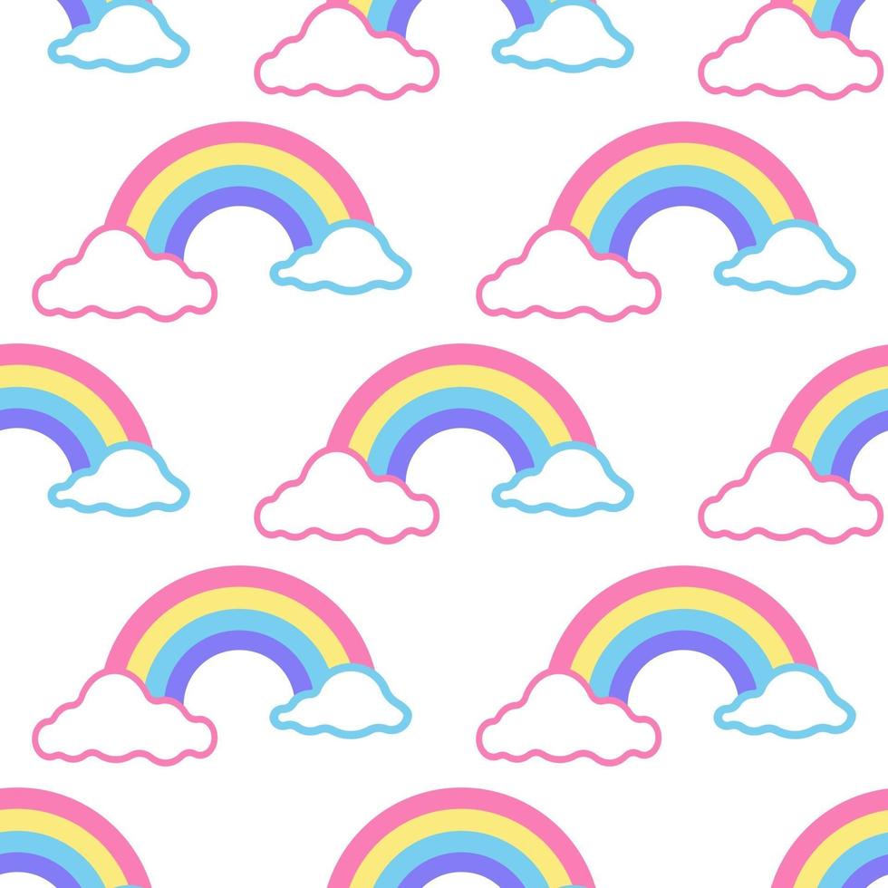 vector naadloze patroon kleurrijke regenboog met wolken op witte achtergrond, kinderdecor
