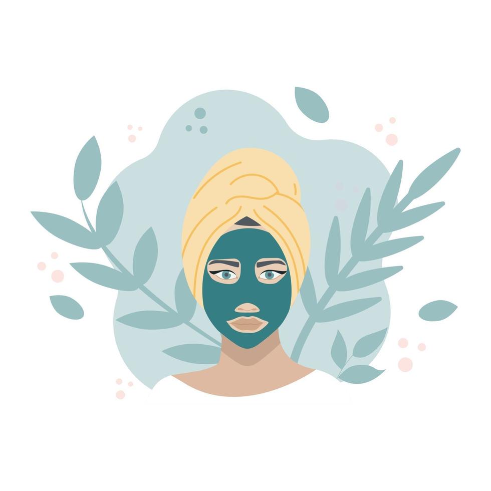 vrouw in een cosmetisch masker op een achtergrond van planten. productconcept voor schoonheid, natuurlijke kruidenproducten en huidverzorging. vector plat ontwerp op een witte achtergrond