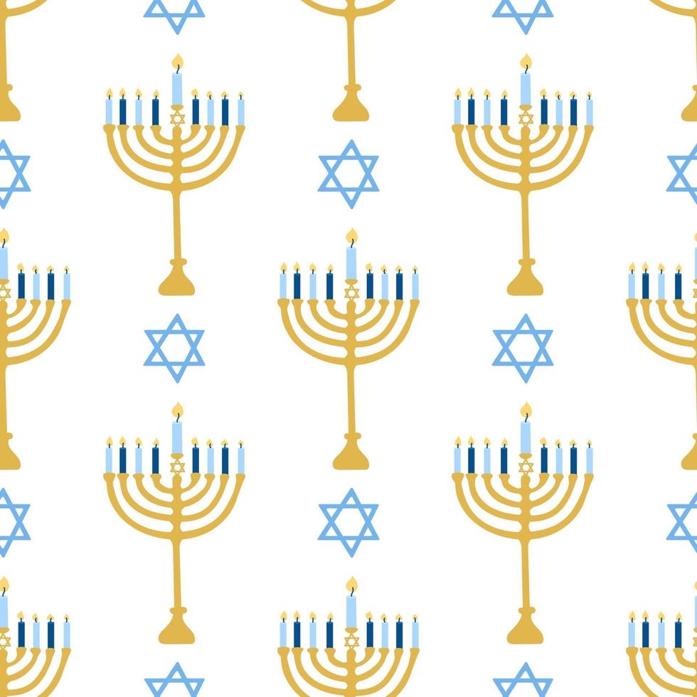 gelukkige Chanoeka, het joodse lichtfestival. menora kandelaar met brandende kaarsen. vector naadloze patroon op een witte achtergrond, behang.