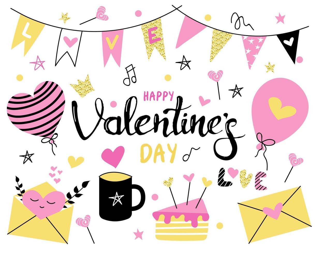 ingesteld met Valentijnsdag op een witte achtergrond. felroze, gele kleuren. vlaggen, valentijnskaarten, snoep, cake, muffin, ballonnen en mok. vector platte afbeelding