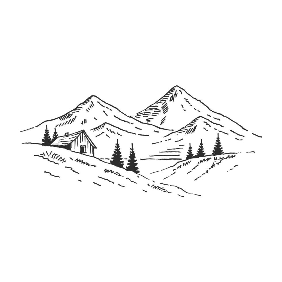 huis in bergen met pijnbomen. landschap zwart op een witte achtergrond. hand getrokken rotsachtige toppen in schetsstijl. vector illustratie.