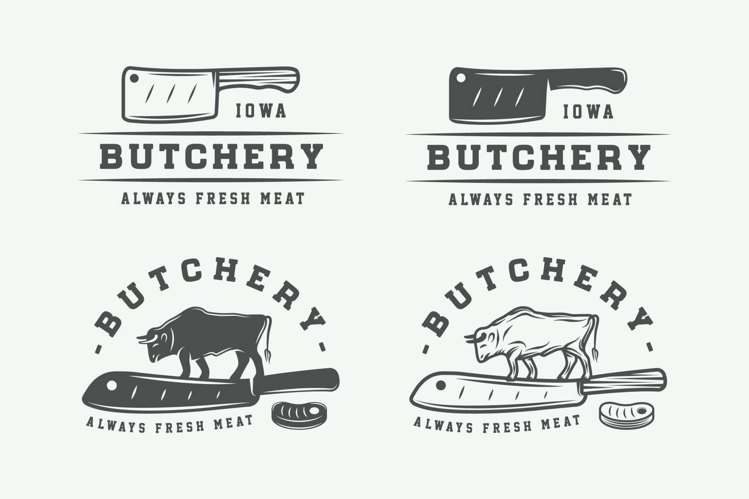 reeks van wijnoogst slagerij vlees, steak of bbq logo's, emblemen, insignes, etiketten. monochroom grafisch kunst. vector illustratie.