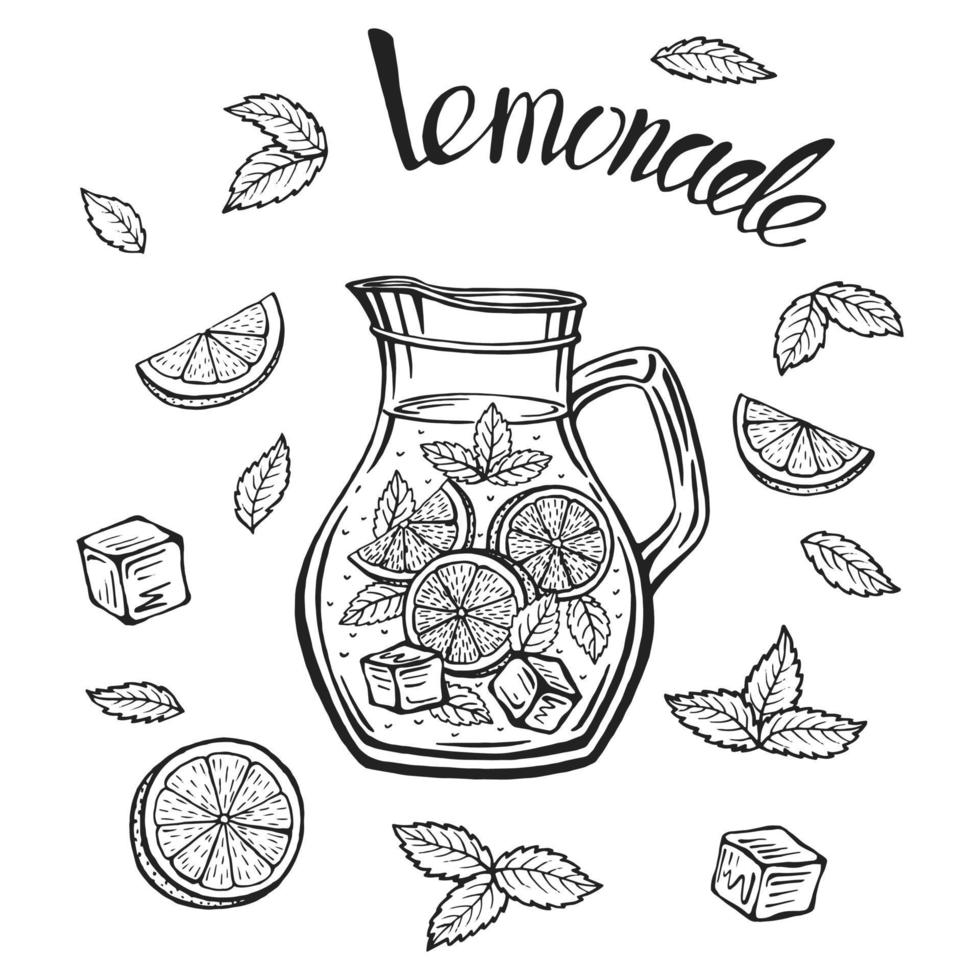 glazen kan met limonade, schets van zelfgemaakte limonade, zomerillustratie. handgetekende citroen, schijfje citroen, stro. de inscriptie op de limonade. vector