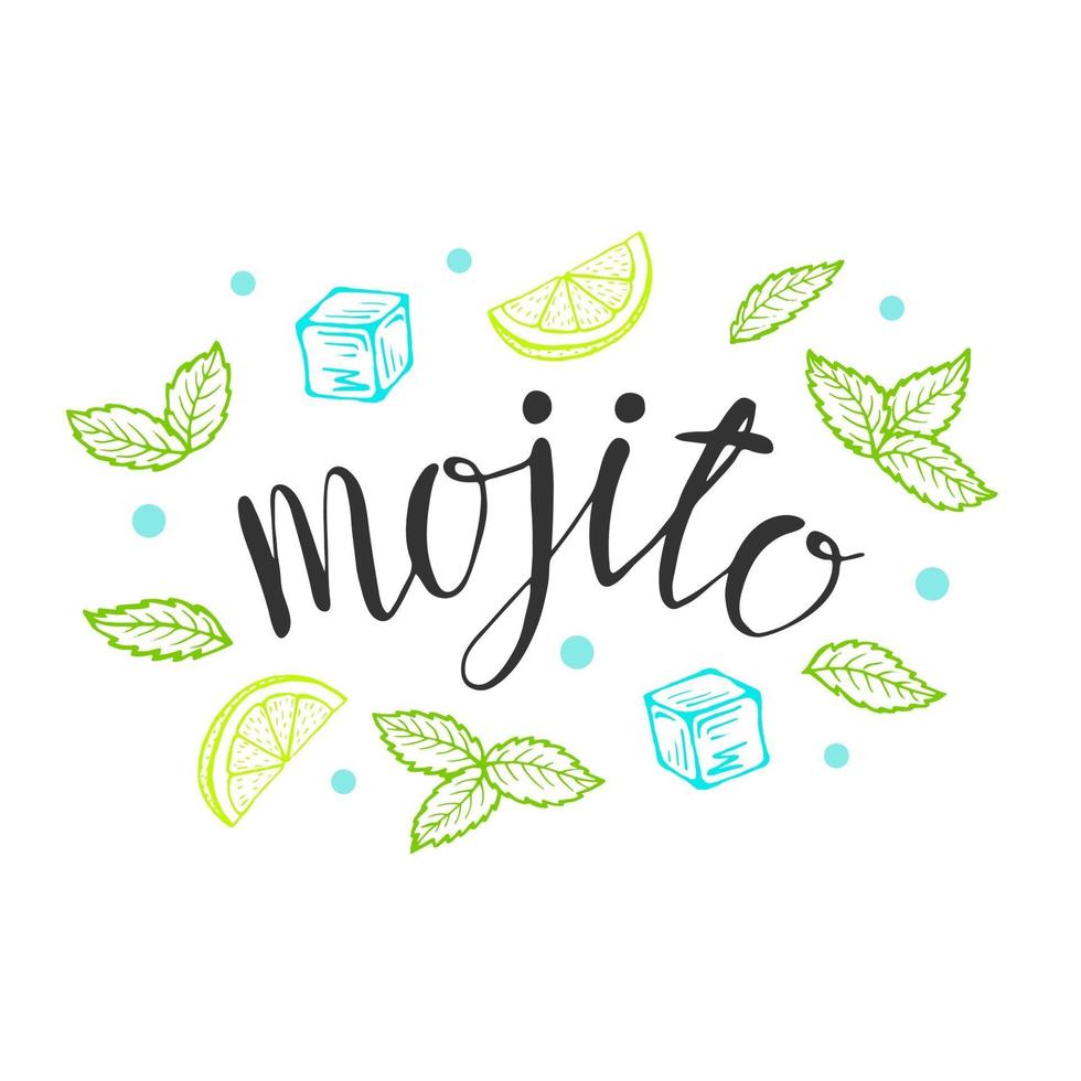 belettering mojito klassieke cocktail hand getrokken vectorillustratie. met ijs en een schijfje limoen en muntblaadjes, voor cocktailkaartjes. zelfgemaakte mojito-letters, geïsoleerde vectorillustratie vector