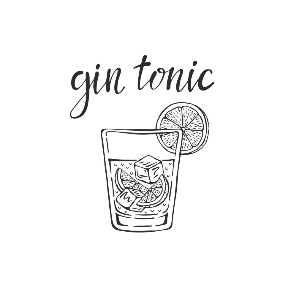 gin-tonic klassieke cocktail hand getrokken vectorillustratie. glas met ijs en een schijfje limoen, voor cocktailkaarten. zelfgemaakte gin-tonic belettering, geïsoleerde vectorillustratie vector