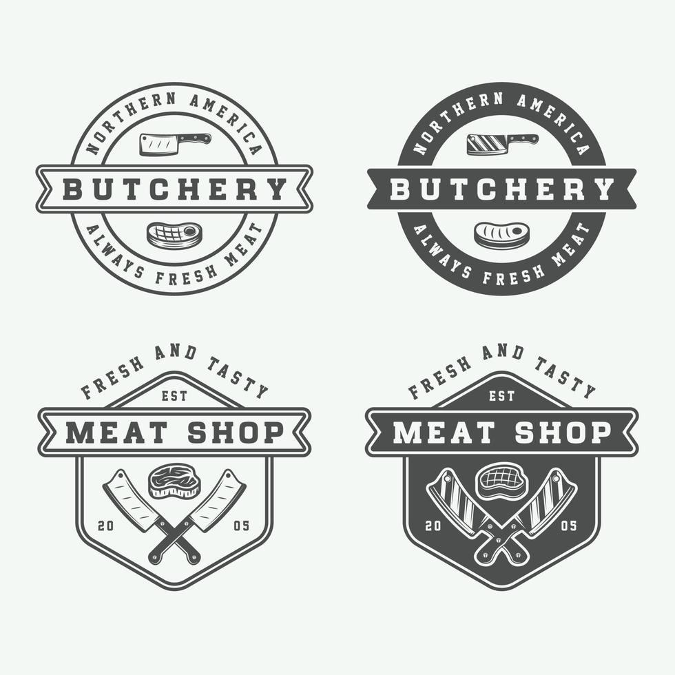 reeks van wijnoogst slagerij vlees, steak of bbq logo's, emblemen, insignes, etiketten. monochroom grafisch kunst. vector illustratie.