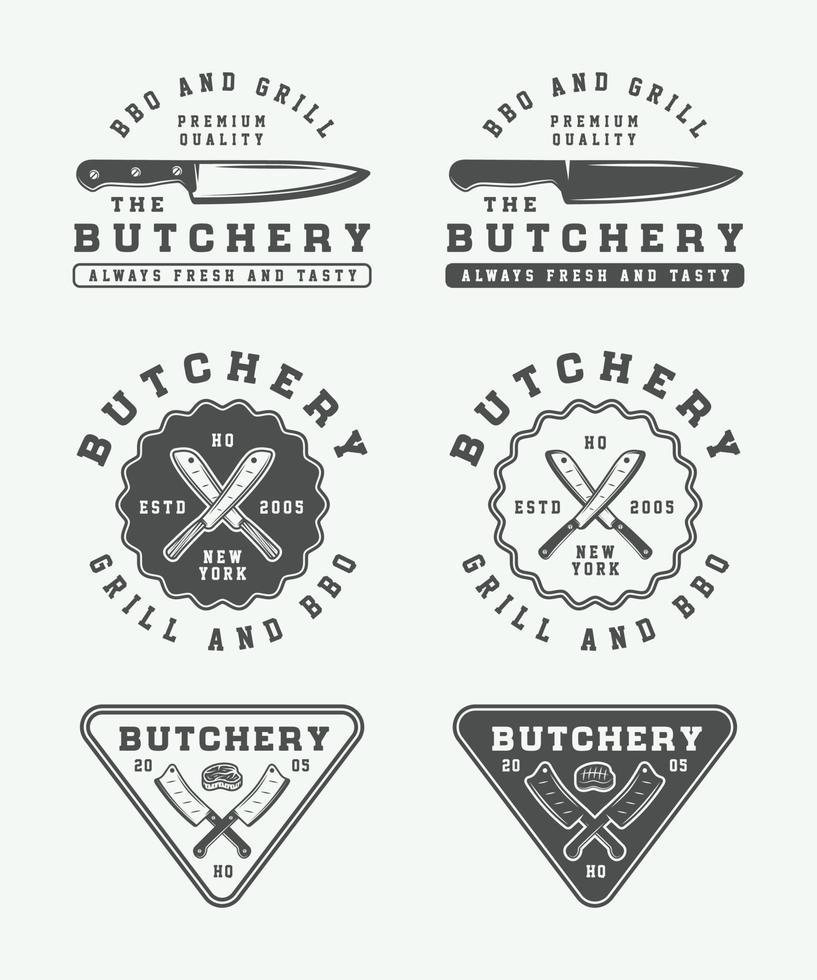 reeks van wijnoogst slagerij vlees, steak of bbq logo's, emblemen, insignes, etiketten. monochroom grafisch kunst. vector illustratie.