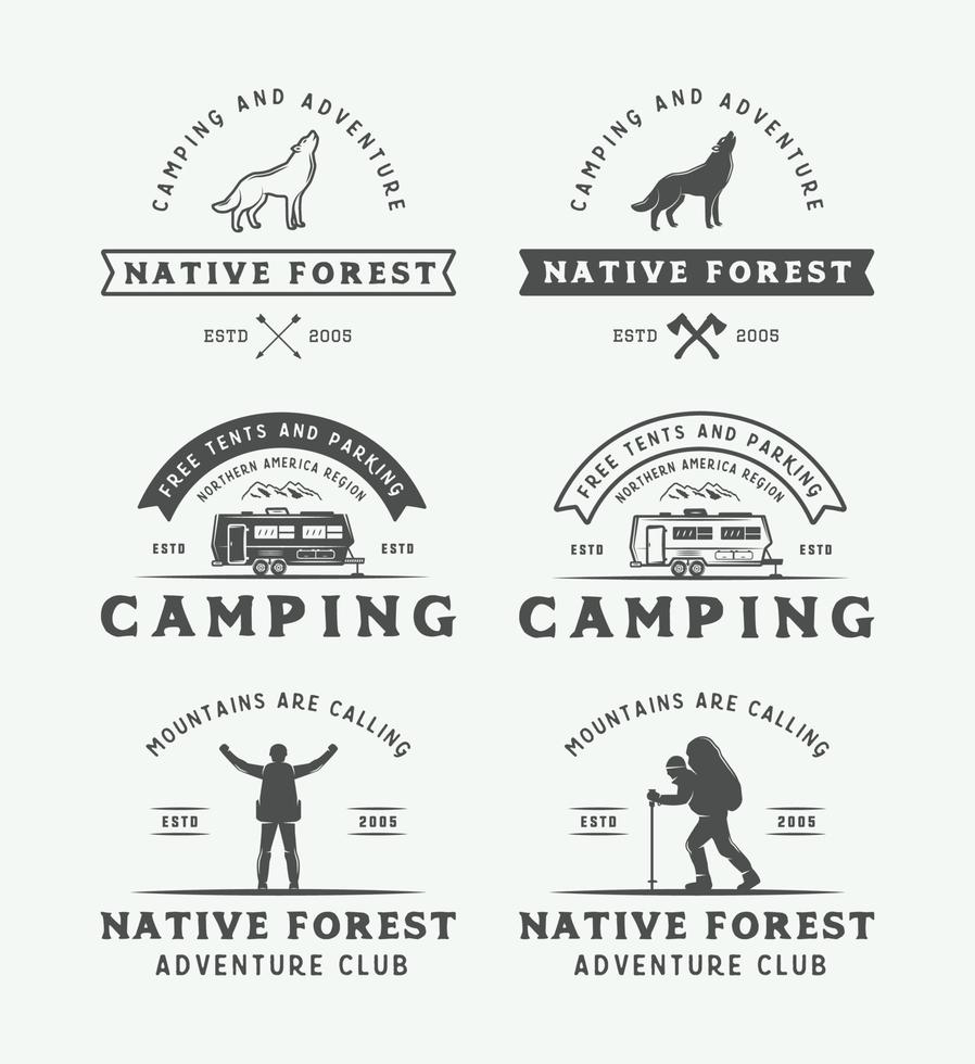 reeks van wijnoogst camping buitenshuis en avontuur logo's, insignes, etiketten, emblemen, merken en ontwerp elementen. grafisch kunst. vector