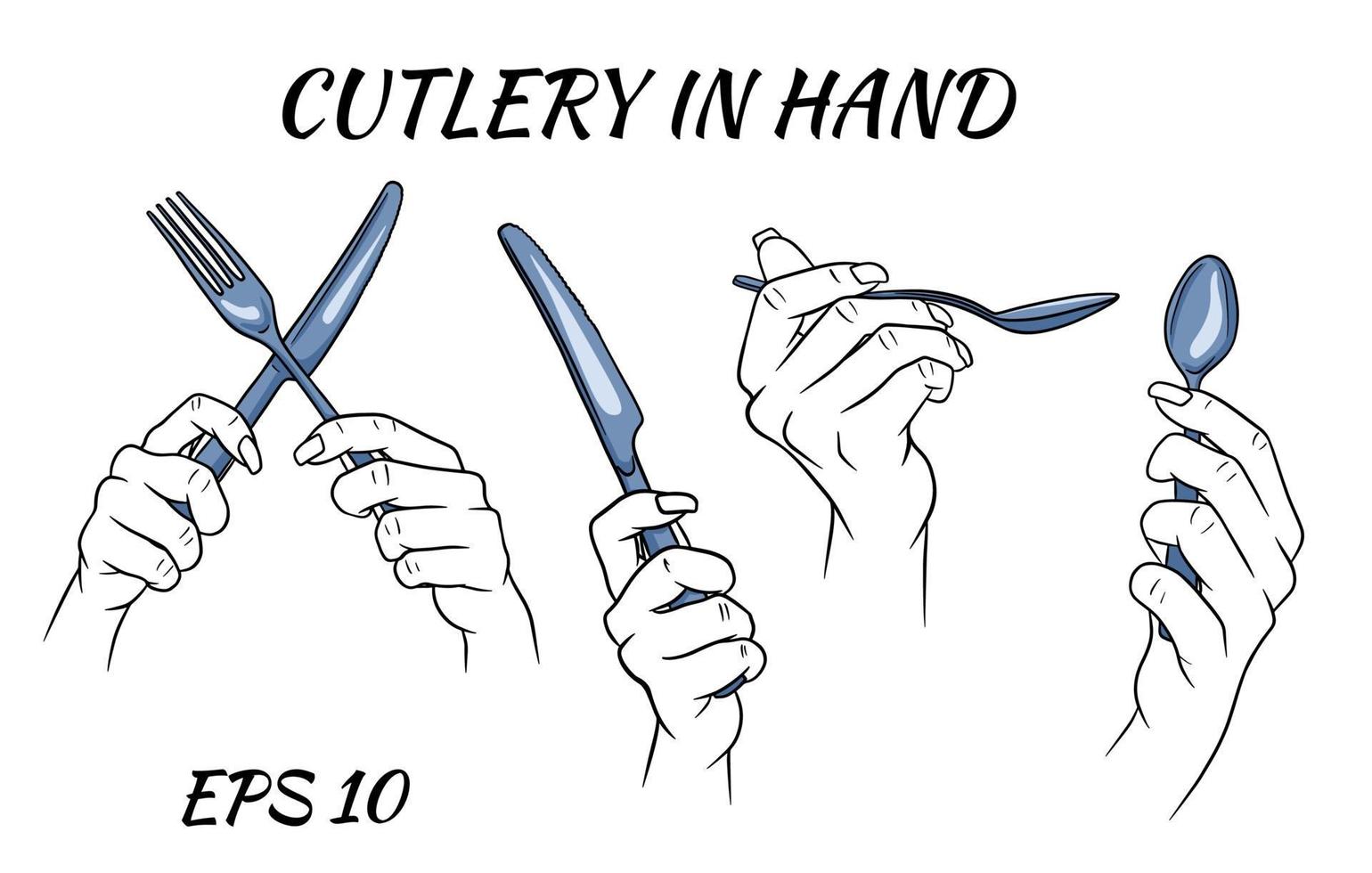 bestek. vork, lepel en mes in de hand. cartoon stijl. een restaurant. vector