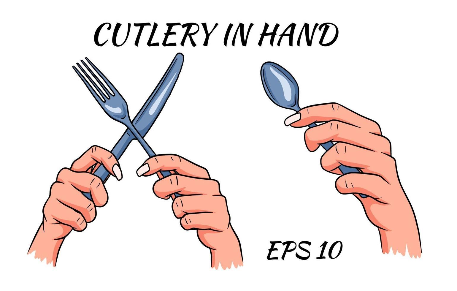 bestek. vork, lepel en mes in de hand. cartoon stijl. een restaurant. vector