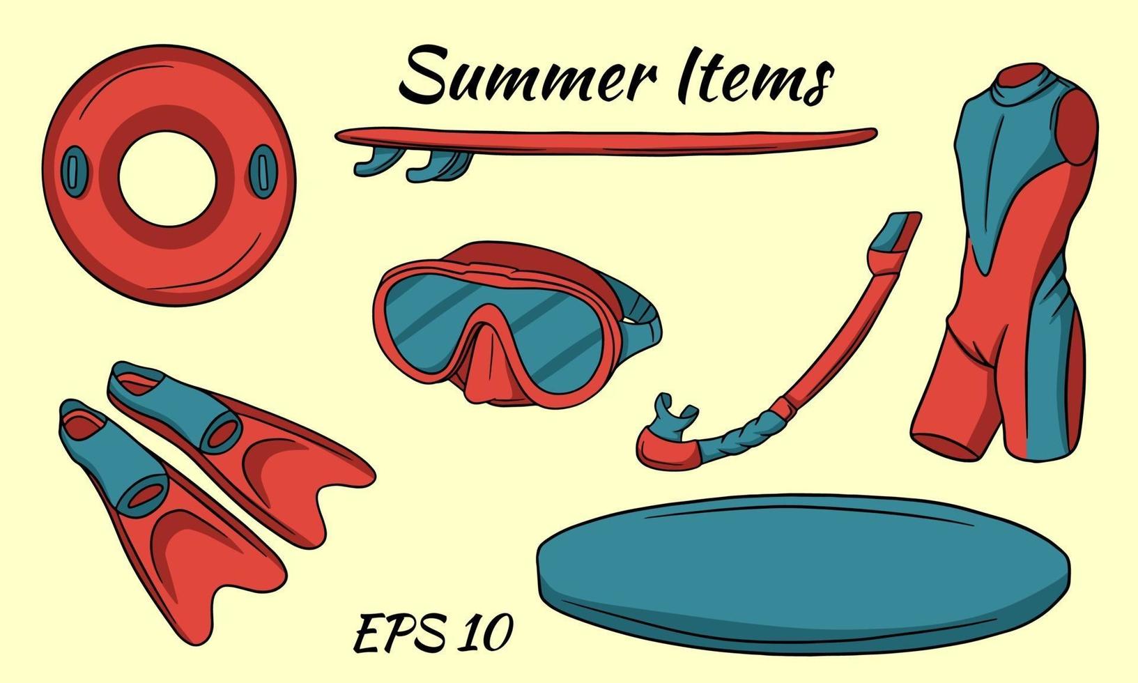 een set items die nodig zijn voor watersporten. surfplank, vinnen, wetsuit, masker, reddingsboei. vector