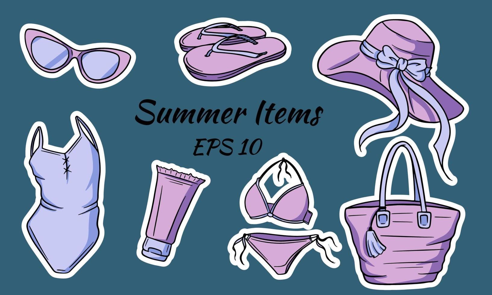 zomer items ingesteld. hoed, tas, slippers, bril, zonnebrandcrème, zwempak. vector