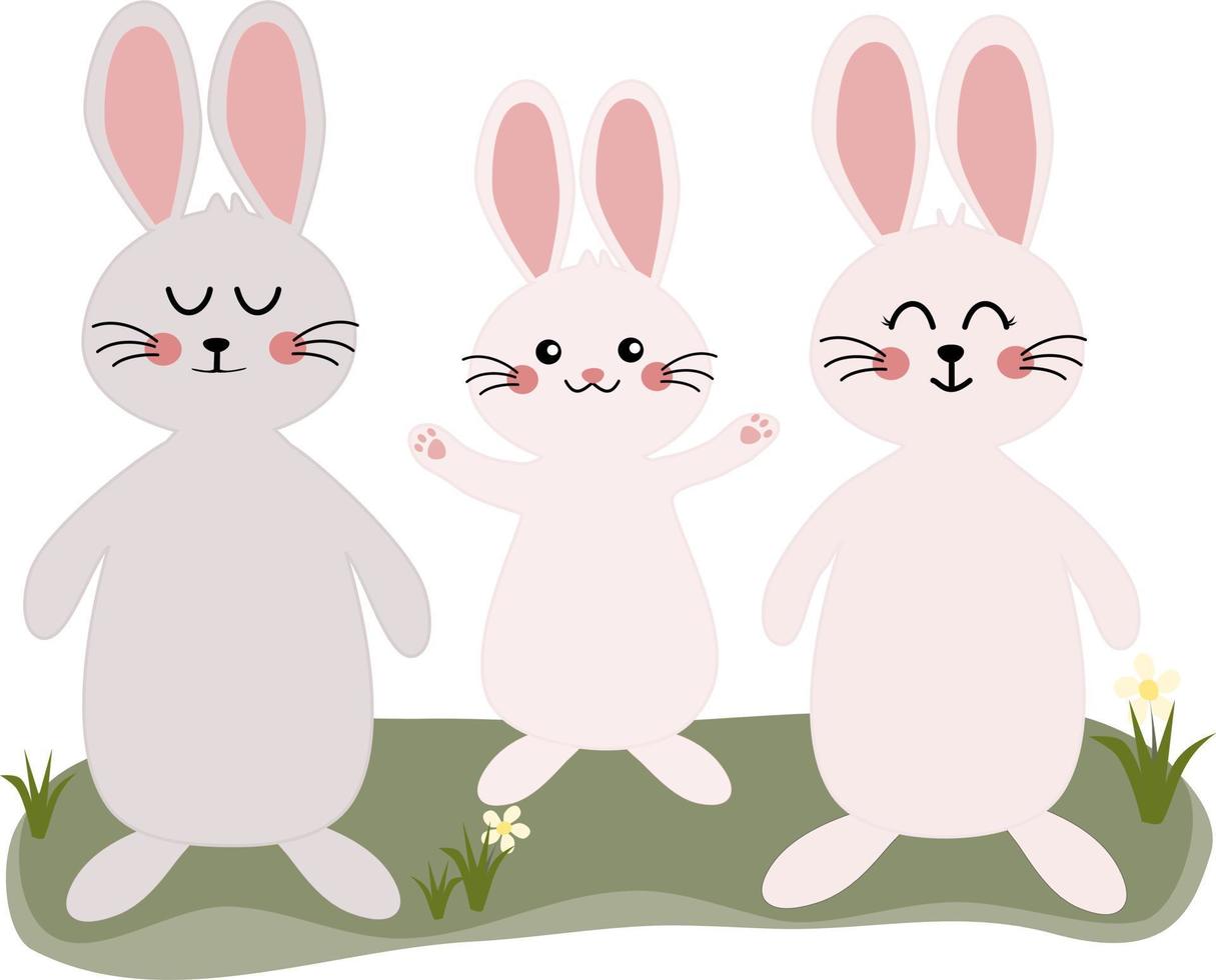 schattig konijnen familie in gras werf vector illustratie. gelukkig Pasen elementen decoratie. kawaii papa mama zoon konijnen familie.