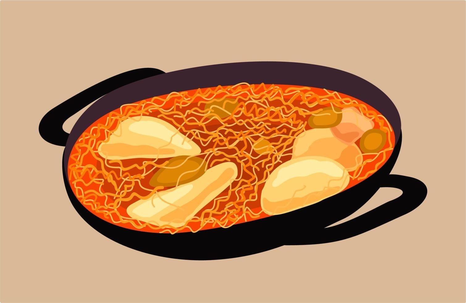 vector geïsoleerd illustratie van frituren pan met noedels, kip stukken en specerijen. Koreaans keuken.