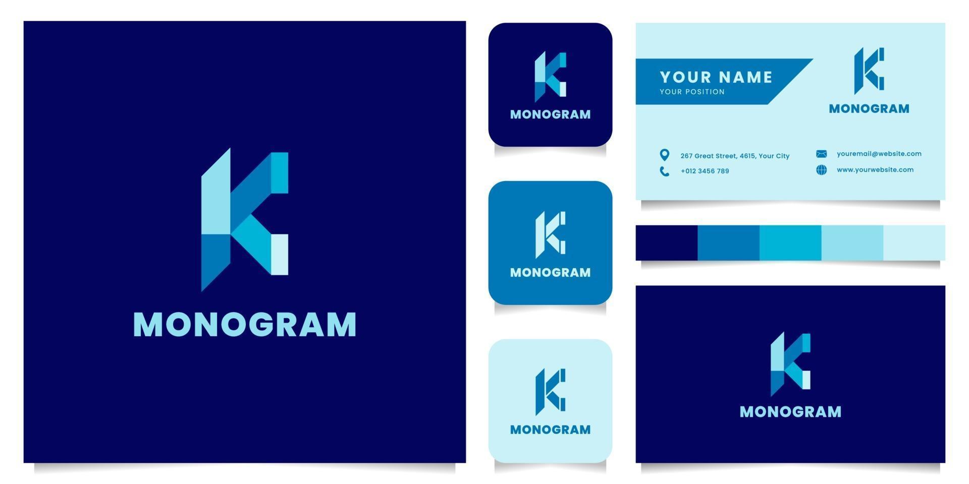 eenvoudig en minimalistisch blauw letter k-logo met sjabloon voor visitekaartjes vector
