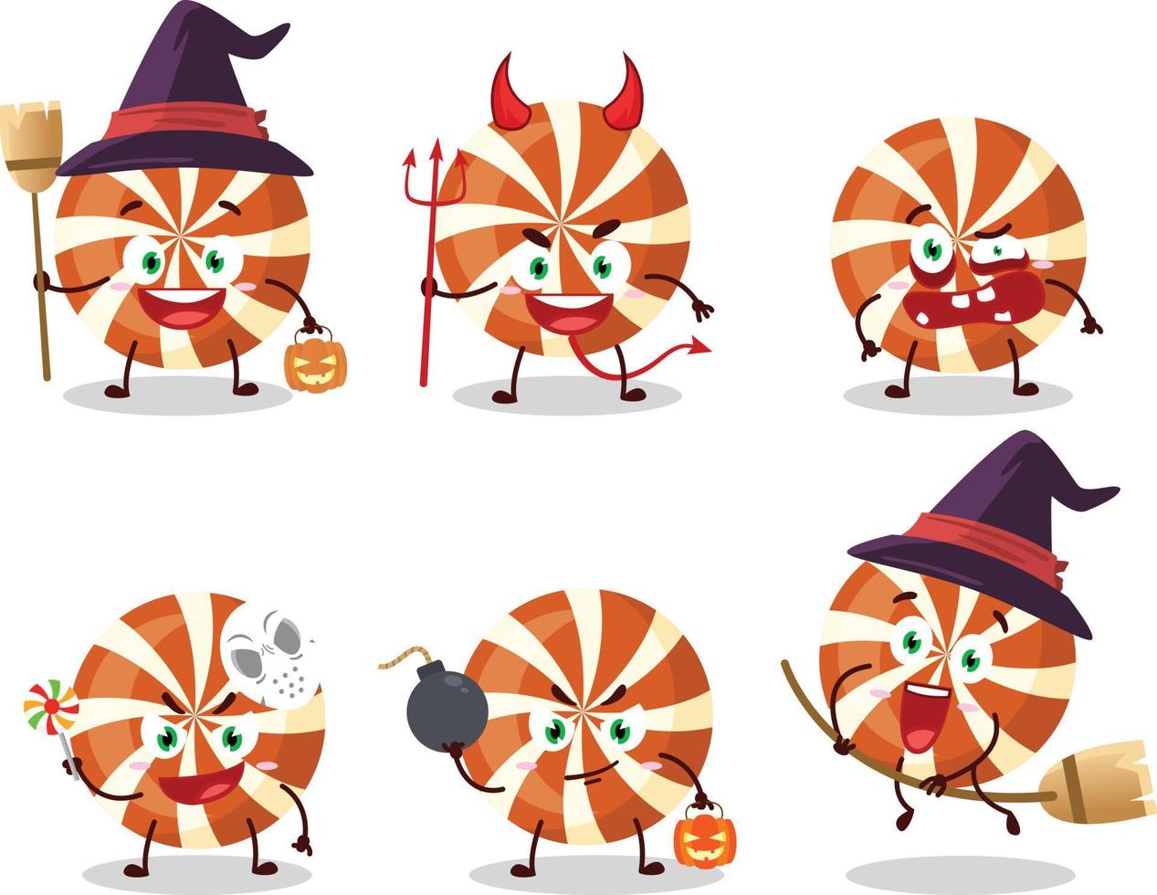 halloween uitdrukking emoticons met tekenfilm karakter van spiraal snoep vector