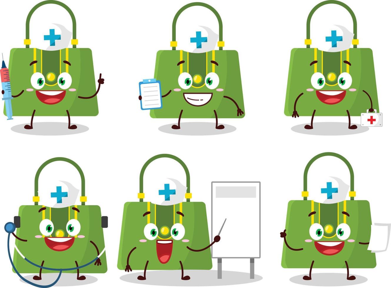 dokter beroep emoticon met Dames zak tekenfilm karakter vector