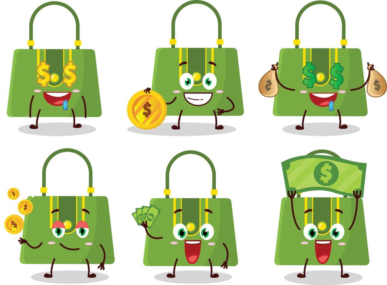 Dames zak tekenfilm karakter met schattig emoticon brengen geld vector
