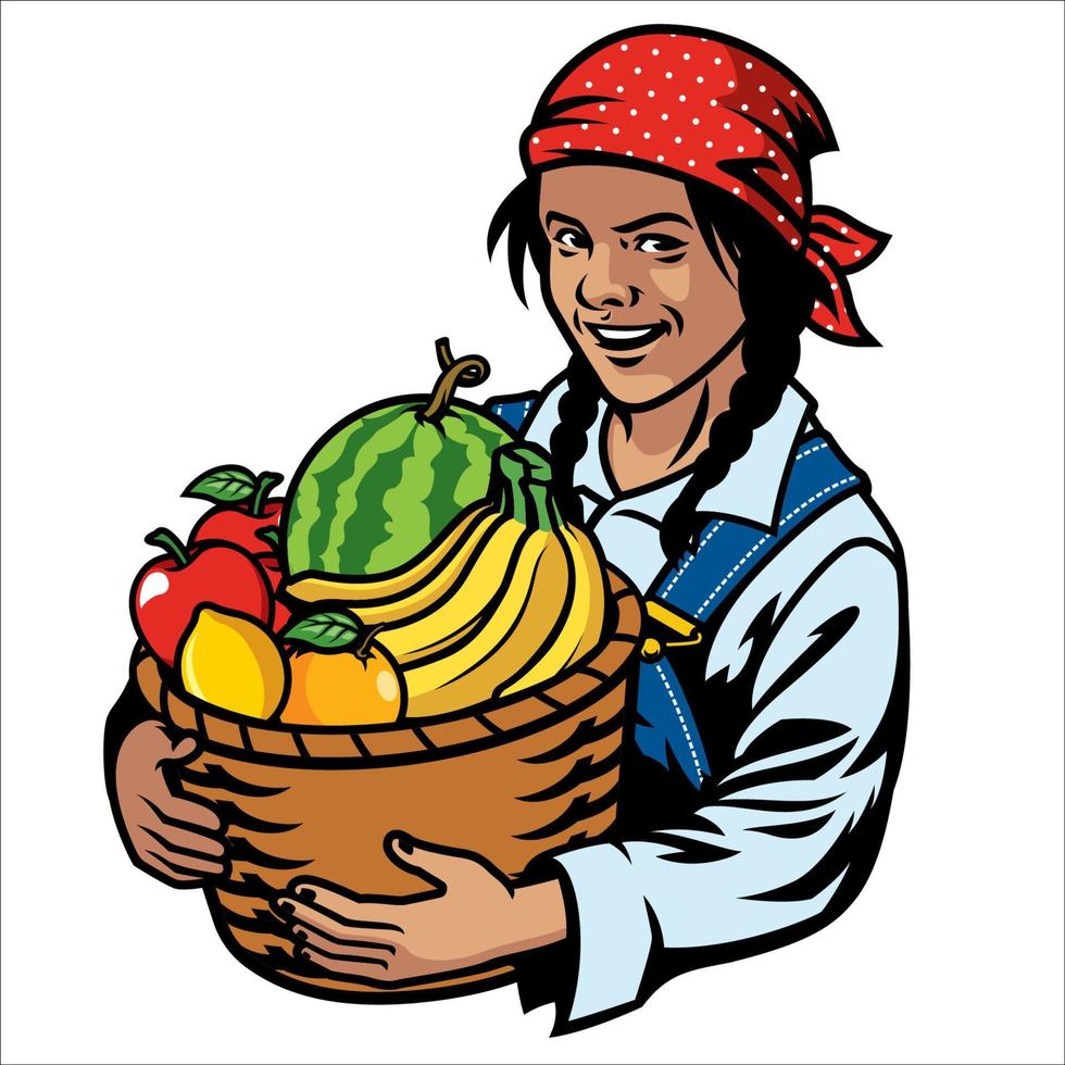 Dames boer en een mand van fruit vector