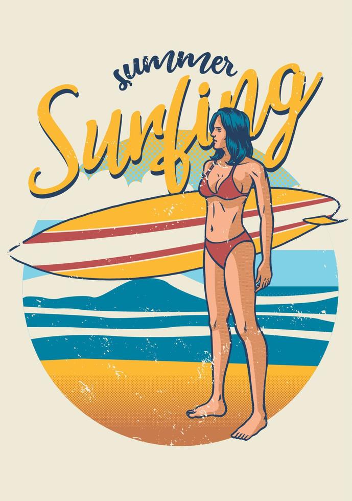 retro ontwerp meisje Holding surfen bord vector