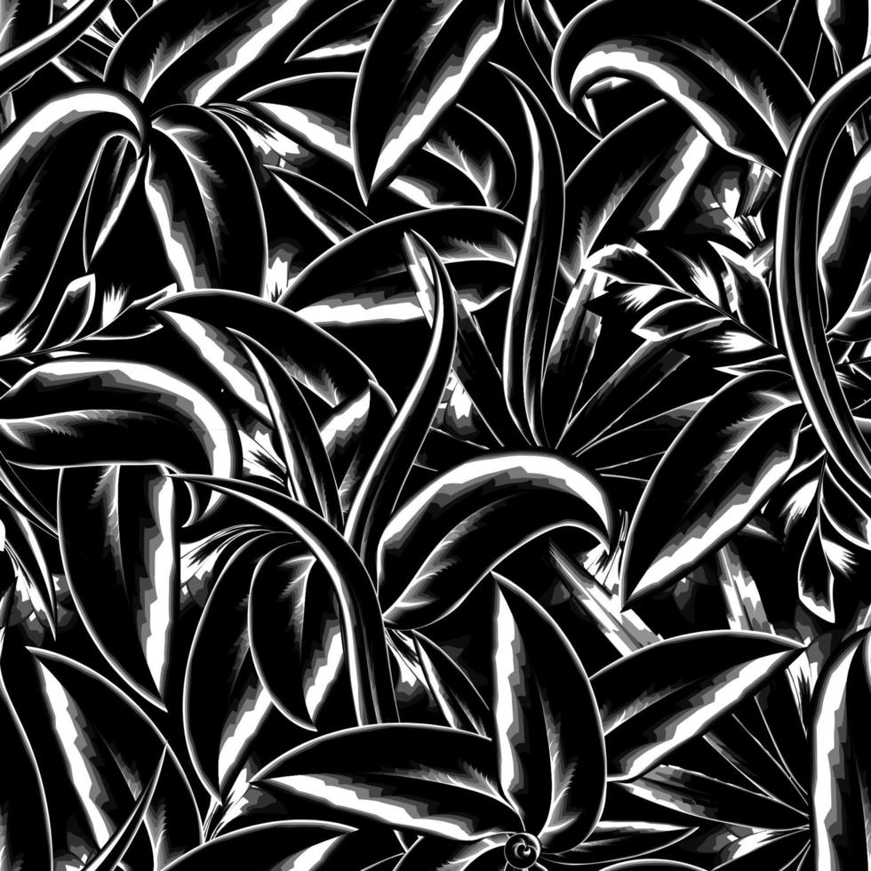 abstract wijnoogst naadloos tropisch patroon met monochromatisch bladeren en planten gebladerte Aan nacht achtergrond. naadloos exotisch patroon met tropisch fabriek. exotisch behang. natuur achtergrond. interieur vector