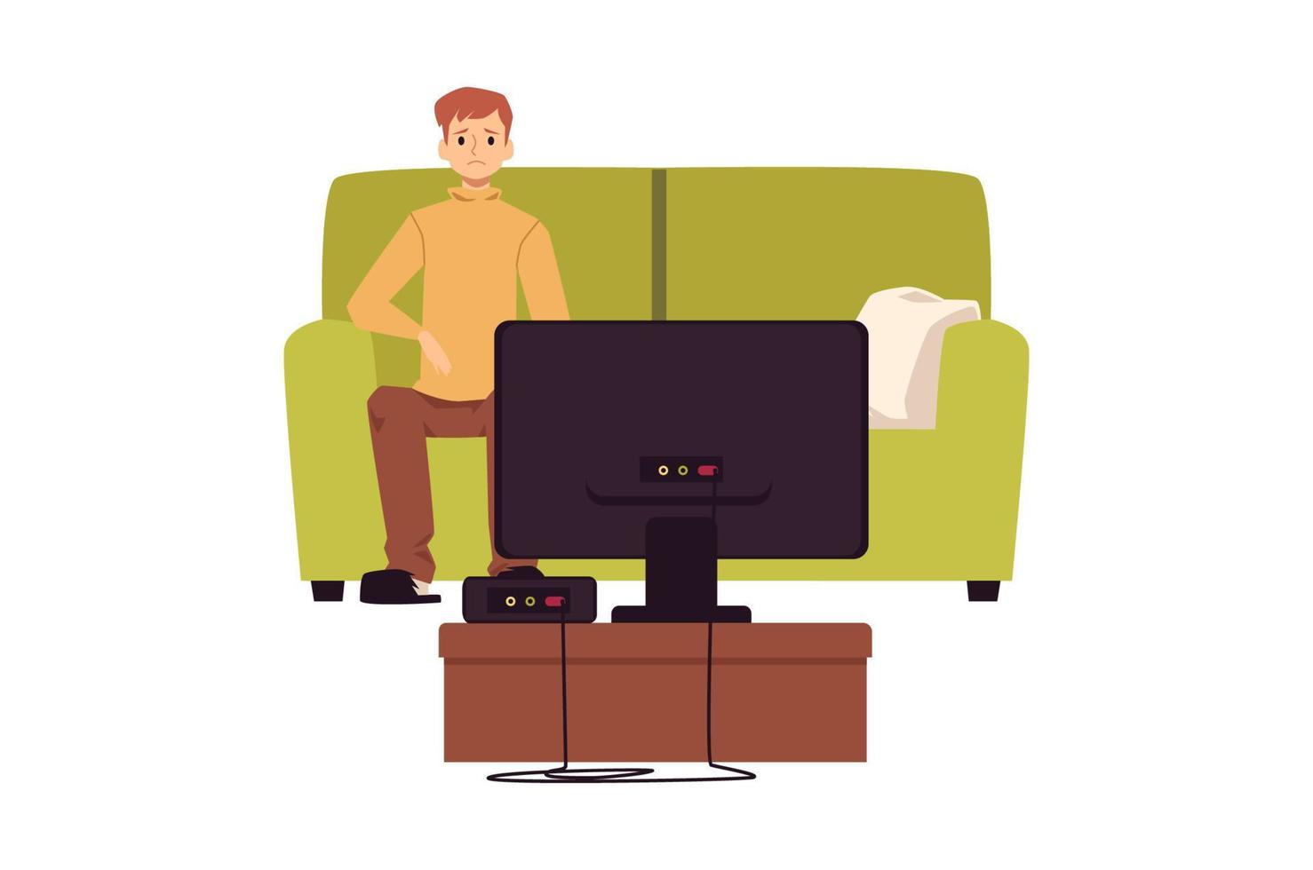 eenzaam ongelukkig Mens zittend in voorkant van TV, vlak vector illustratie geïsoleerd.
