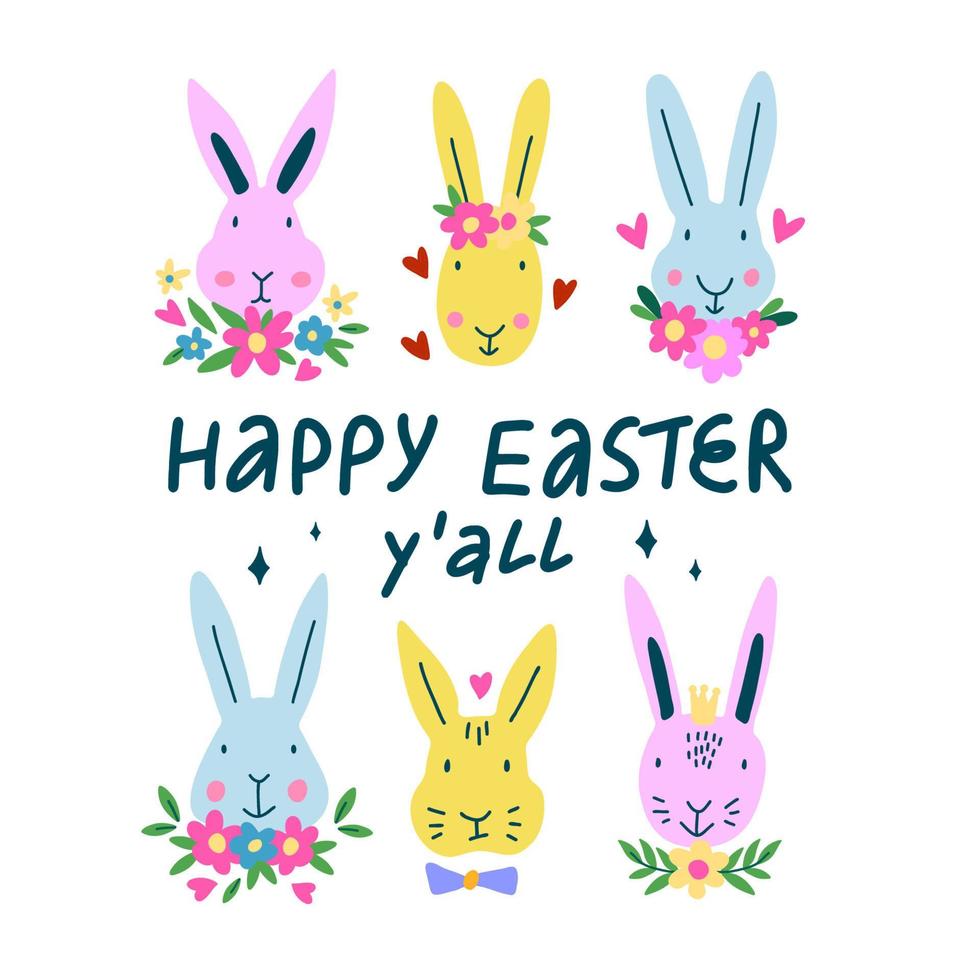 gelukkig Pasen u allemaal groet kaart met schattig konijn en bloemen. vector