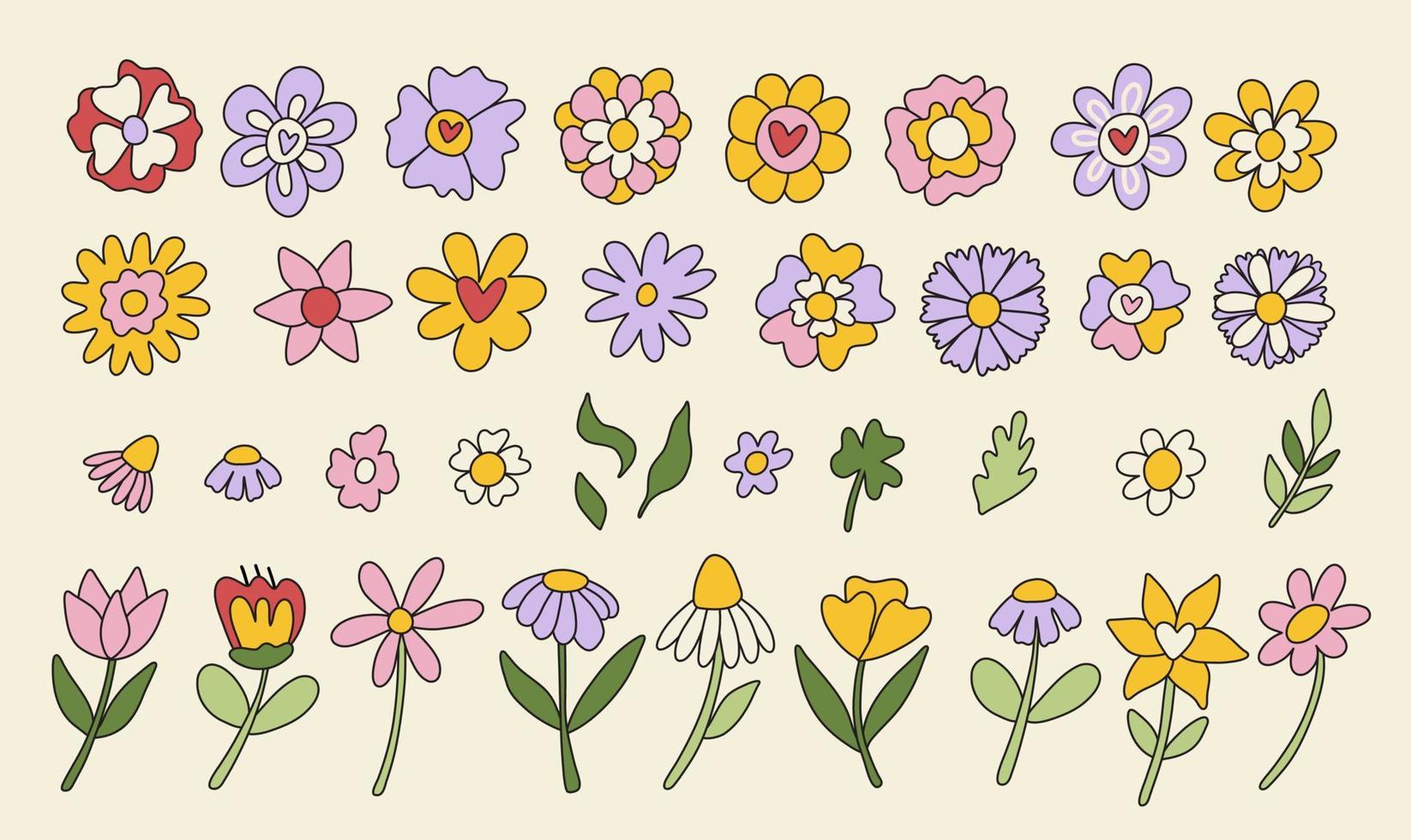 reeks van retro groovy hippie bloemen. verzameling van verschillend bloemen in een hippie stijl. vector