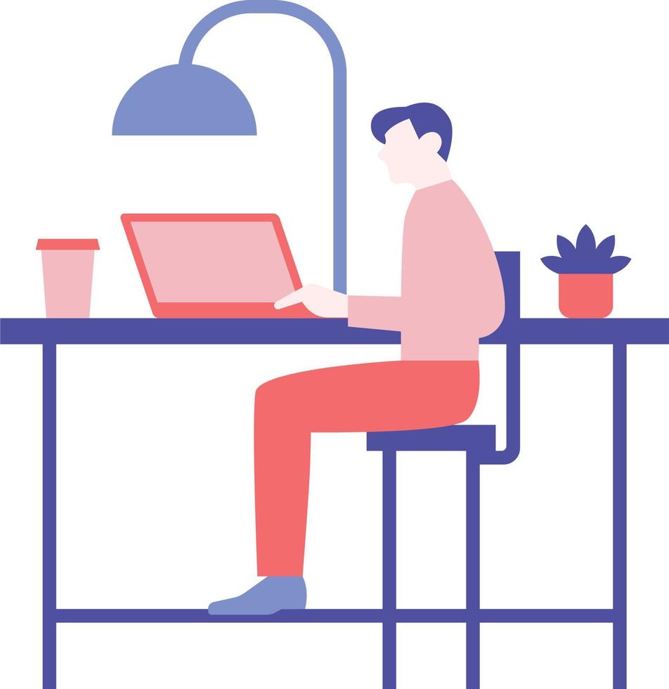 Mens werken Aan laptop Bij huis. freelance, afgelegen werk concept. vector illustratie in vlak stijl