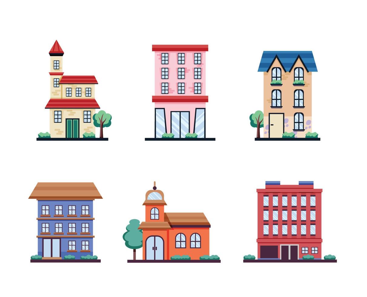 divers gebouwen vlak ontwerp icoon vector illustratie