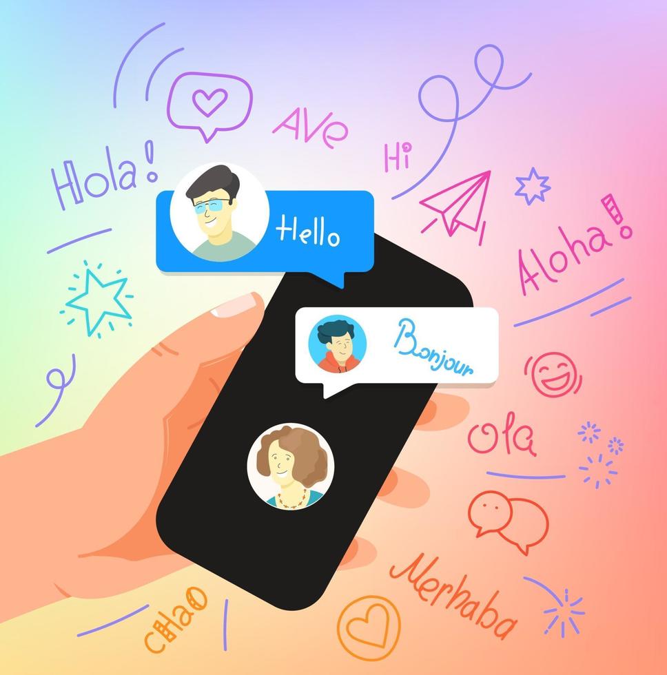 menselijk gebaar met behulp van moderne smartphone. zeg hallo in verschillende talen vector