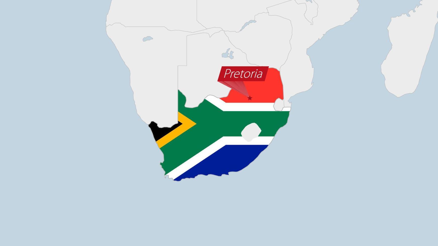 zuiden Afrika kaart gemarkeerd in zuiden Afrika vlag kleuren en pin van land hoofdstad Pretoria. vector