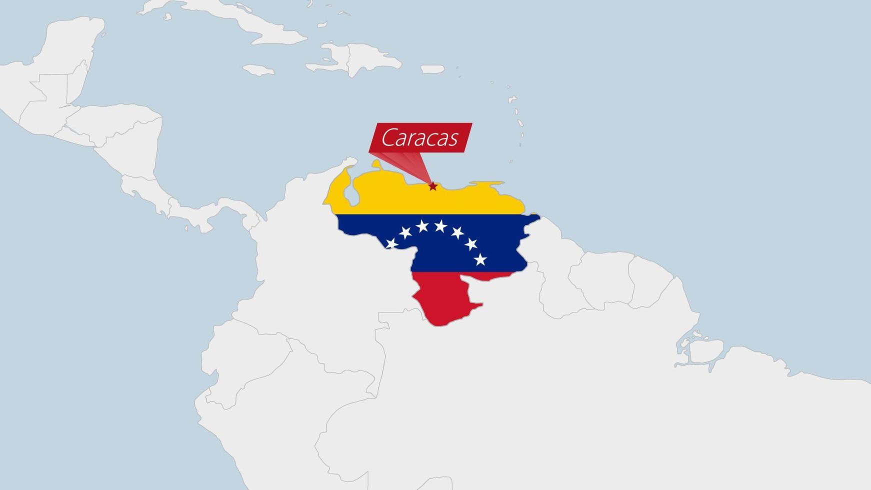 Venezuela kaart gemarkeerd in Venezuela vlag kleuren en pin van land hoofdstad caracas. vector