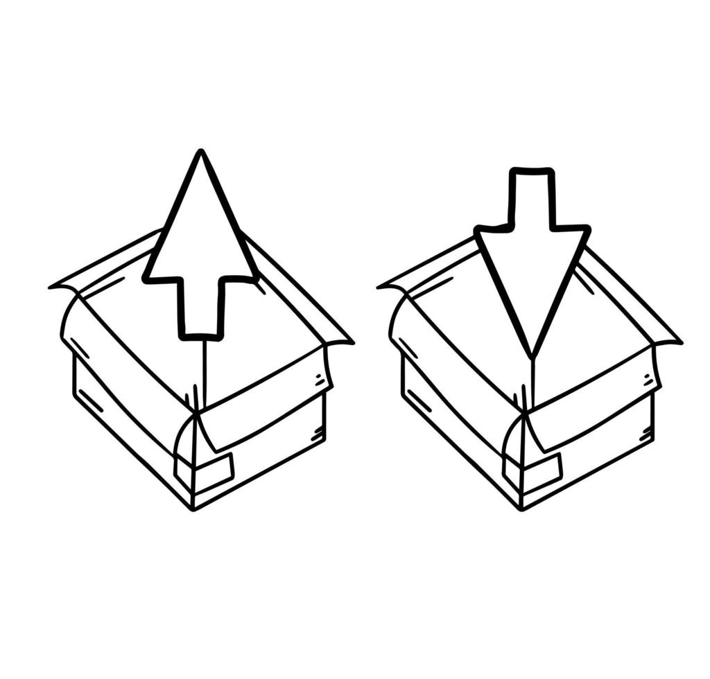 Open doos. reeks van karton containers. een leeg pakket. pakket en mail. rood en groen pijl voor inpakken en uitpakken. regeling van actie. vector