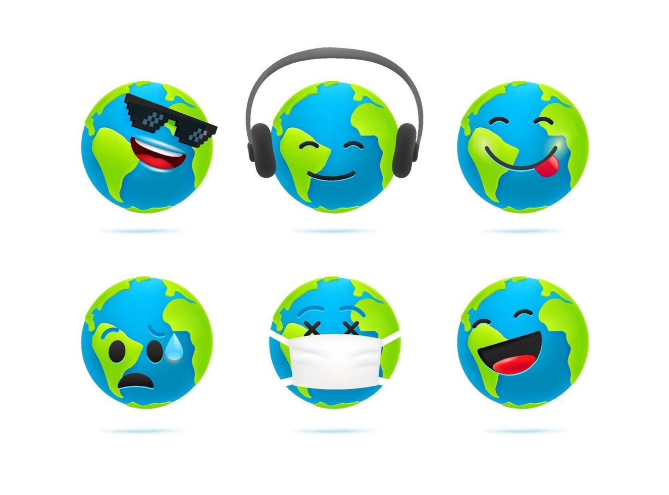 schattige aarde karakter emoticons vector set. 3D-stijl grappige aarde pictogrammen