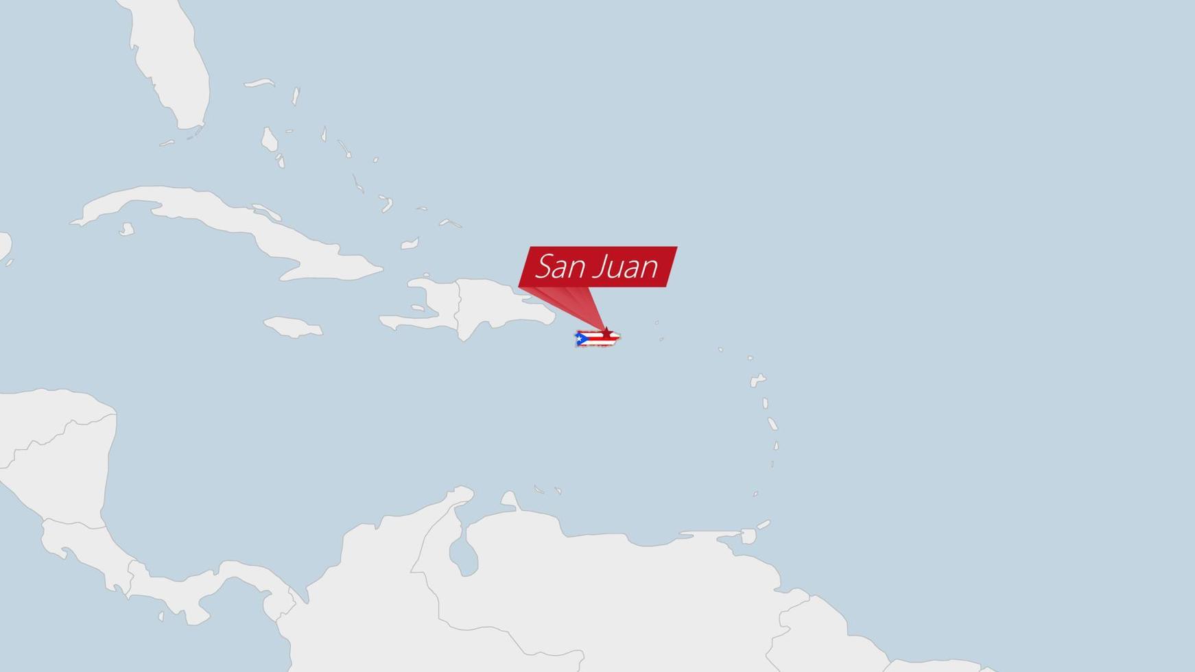 puerto rico kaart gemarkeerd in puerto rico vlag kleuren en pin van land hoofdstad san juan. vector