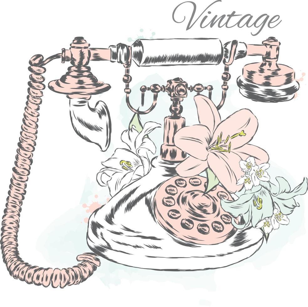 vintage telefoon en leliebloemen. hipster illustratie. vector