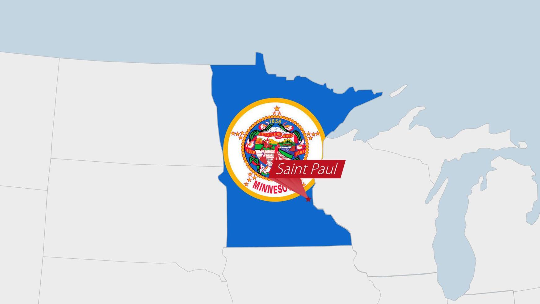 ons staat Minnesota kaart gemarkeerd in Minnesota vlag kleuren en pin van land hoofdstad heilige paul. vector