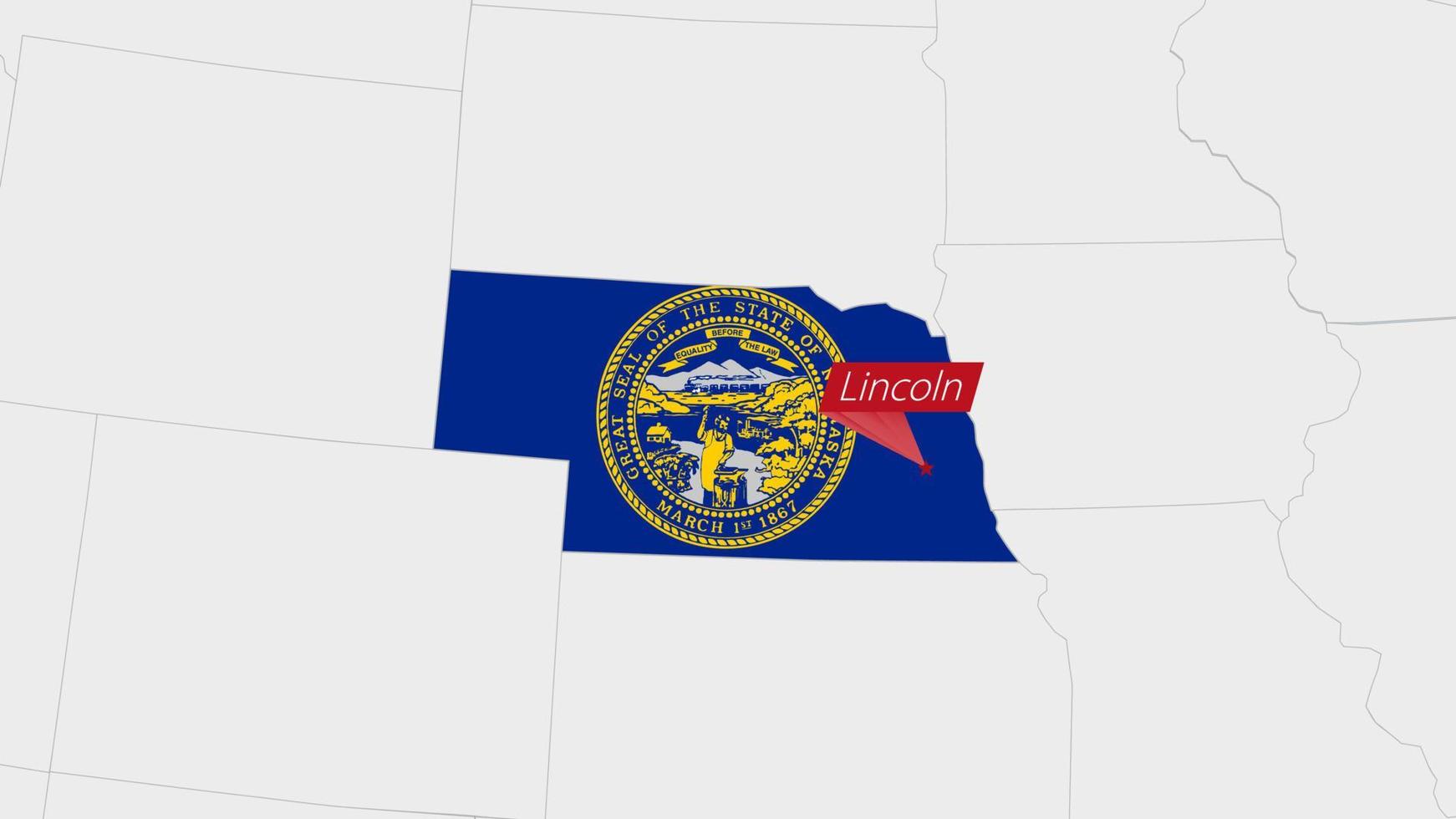 ons staat Nebraska kaart gemarkeerd in Nebraska vlag kleuren en pin van land hoofdstad lincoln. vector