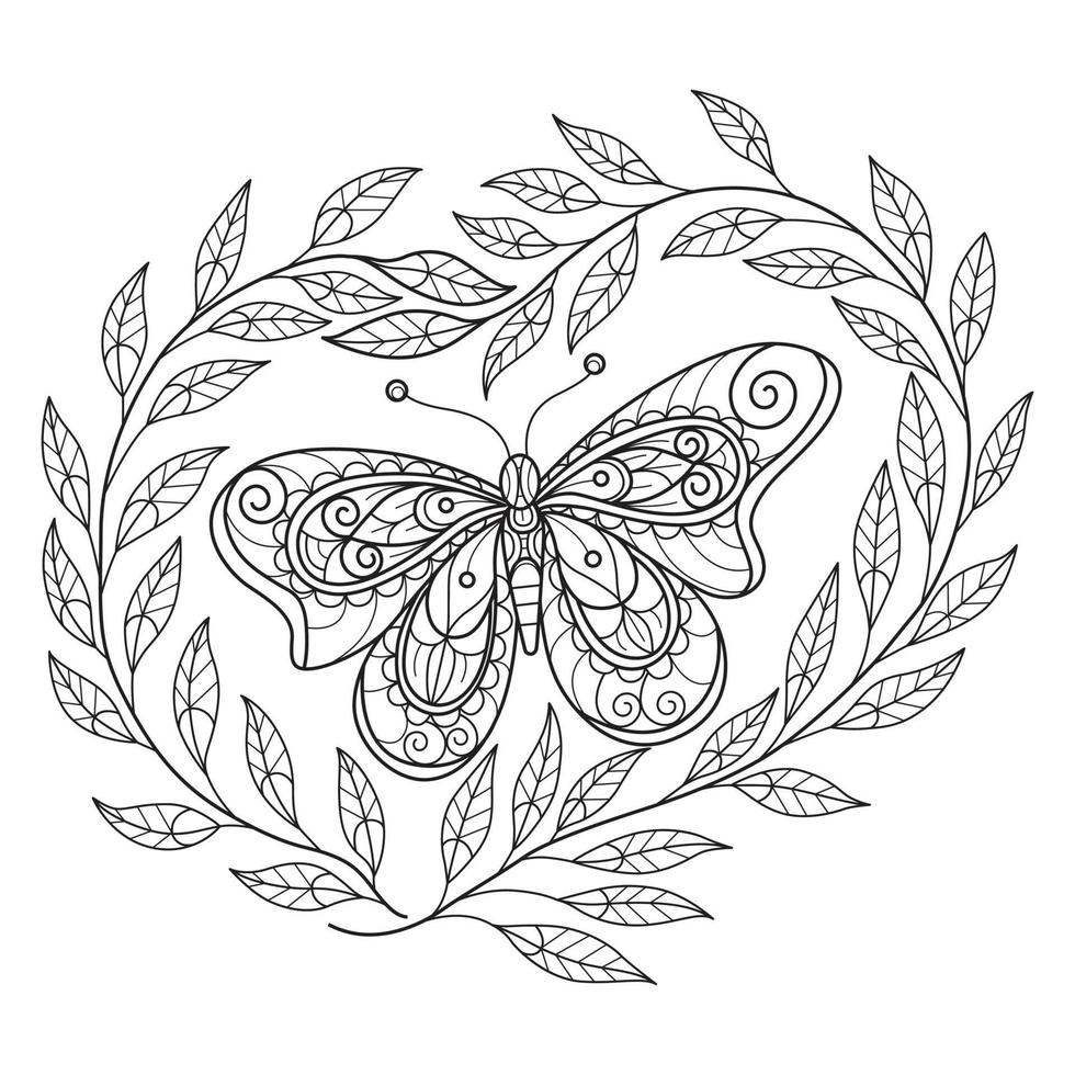 vlinder en blad hart hand- getrokken voor volwassen kleur boek vector