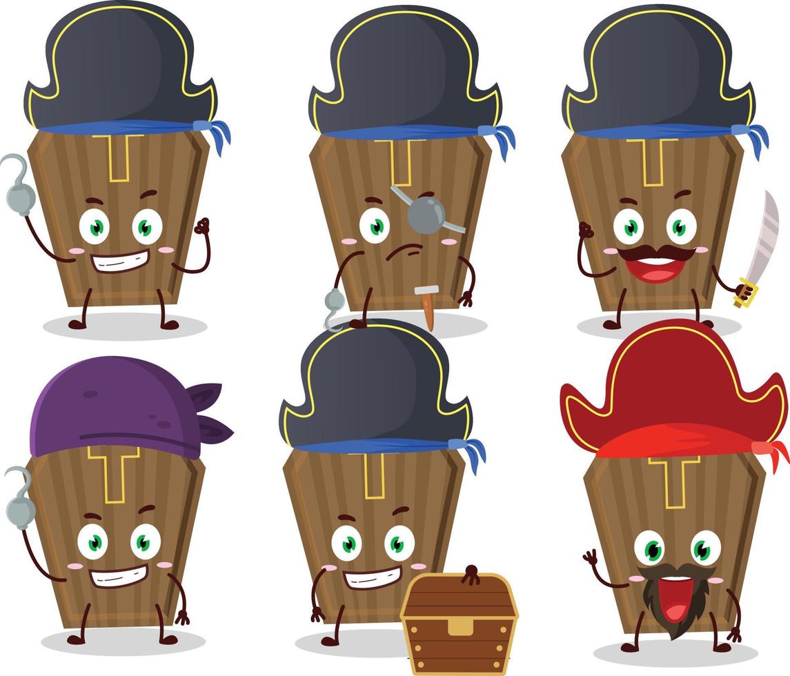 tekenfilm karakter van lijkkist met divers piraten emoticons vector