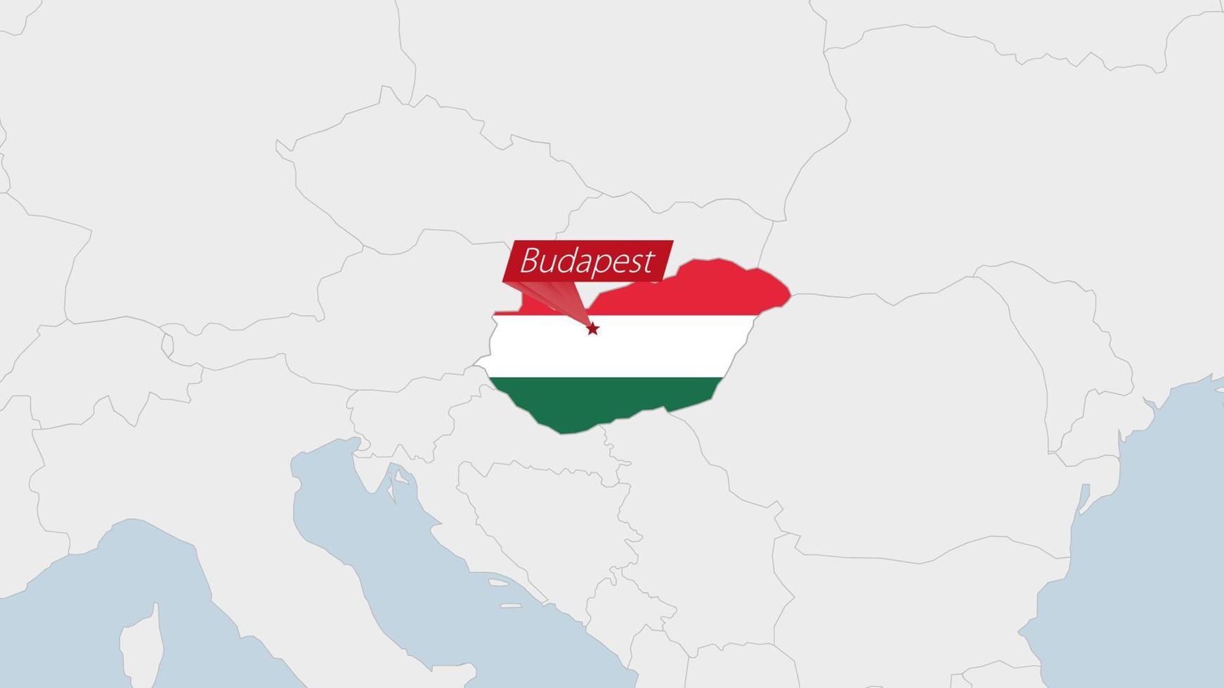 Hongarije kaart gemarkeerd in Hongarije vlag kleuren en pin van land hoofdstad Boedapest. vector