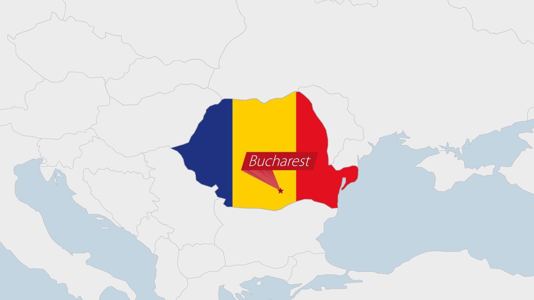 Roemenië kaart gemarkeerd in Roemenië vlag kleuren en pin van land hoofdstad boekarest. vector