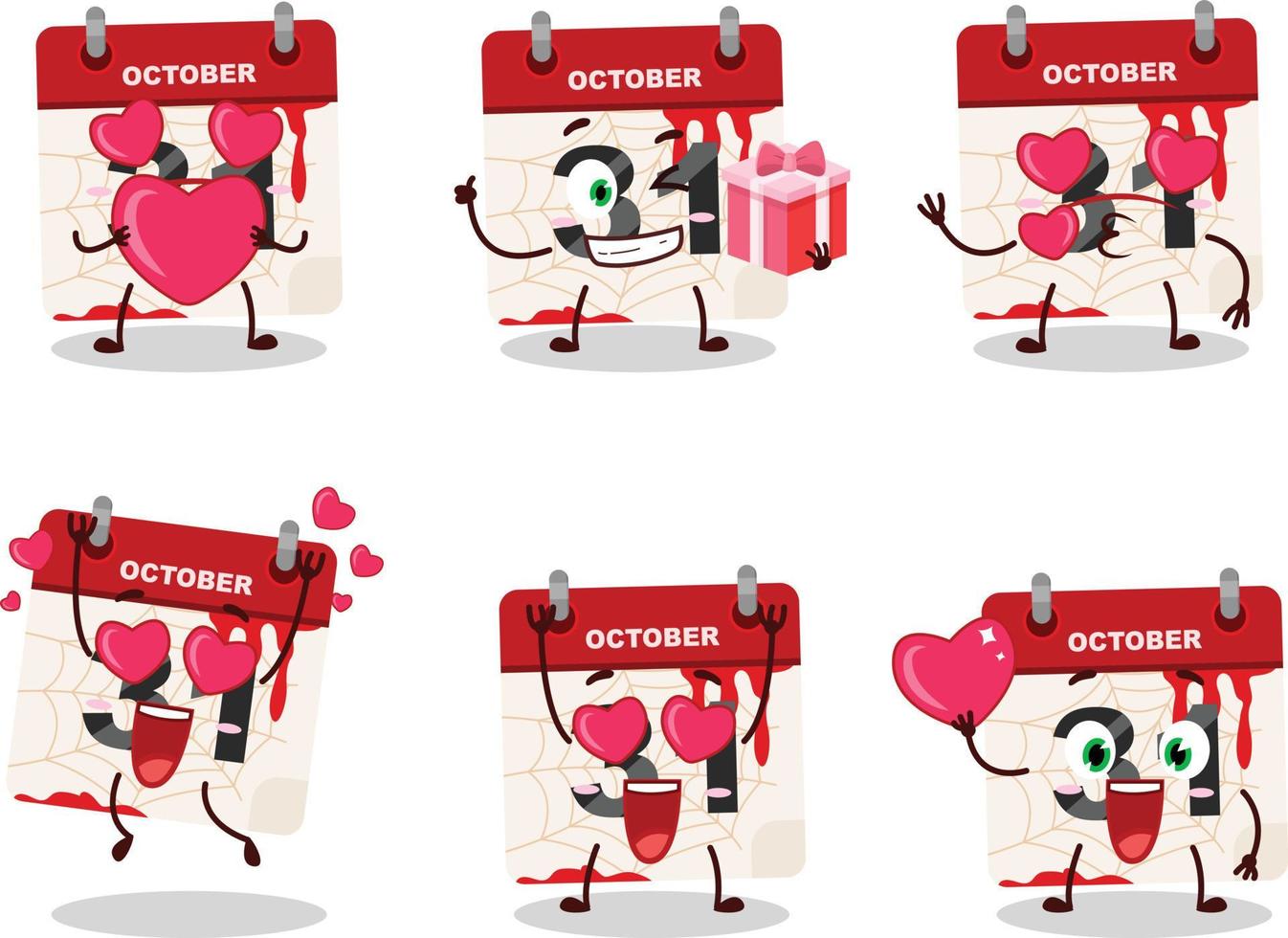 halloween kalender tekenfilm karakter met liefde schattig emoticon vector