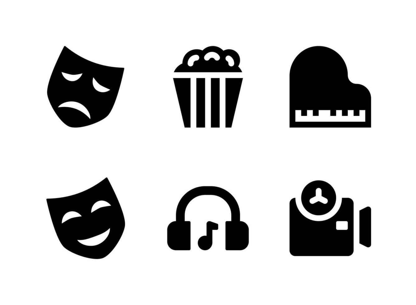 eenvoudige set van entertainment gerelateerde vector solide pictogrammen. bevat pictogrammen als popcorn, theatermasker, hoofdtelefoon, camera en meer.