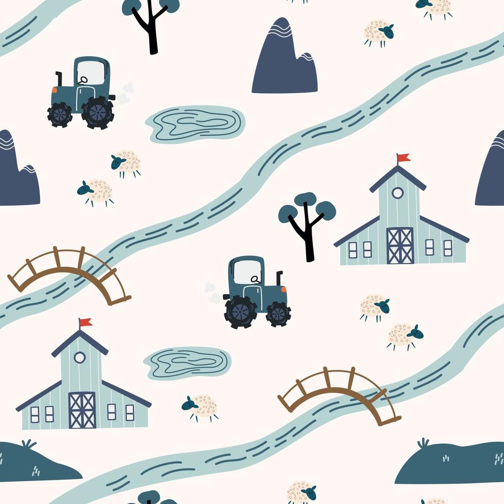 tekenfilm dorp kaart naadloos patroon. achtergrond van een boerderij met huizen, dieren, weg, meren, bomen en tractor. perfect voor textiel, kleding stof, papier, spellen, Speel mat. vector illustratie